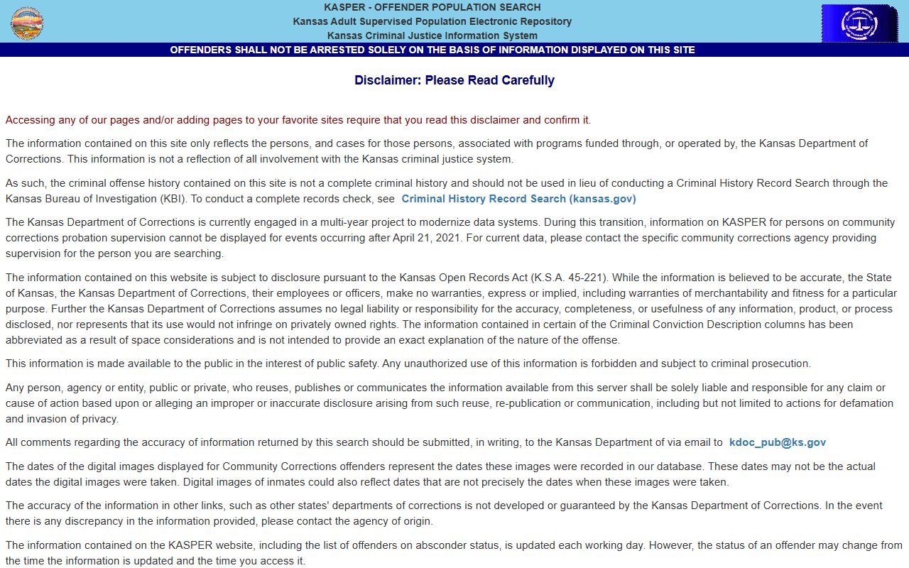 Wichita County inmate records KASPER offender search disclaimer