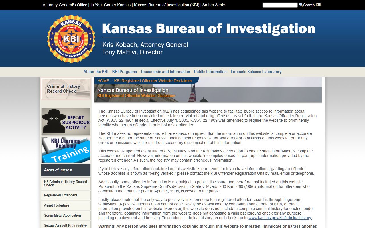 Wichita County inmate records KBI registered offender search caveat