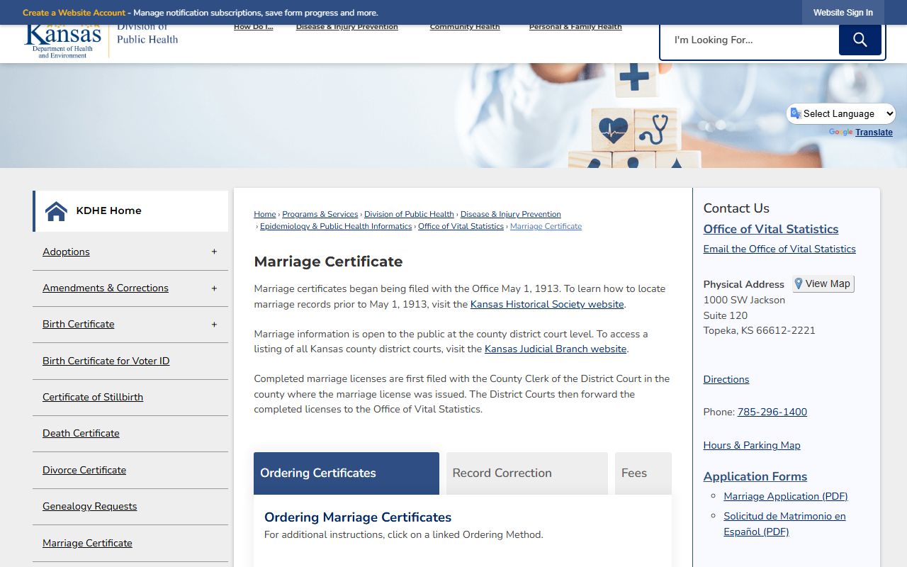 Wichita County marriage records KDHE marriage certificate page