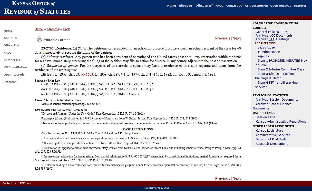Wichita County divorce records Kansas divorce residency statute