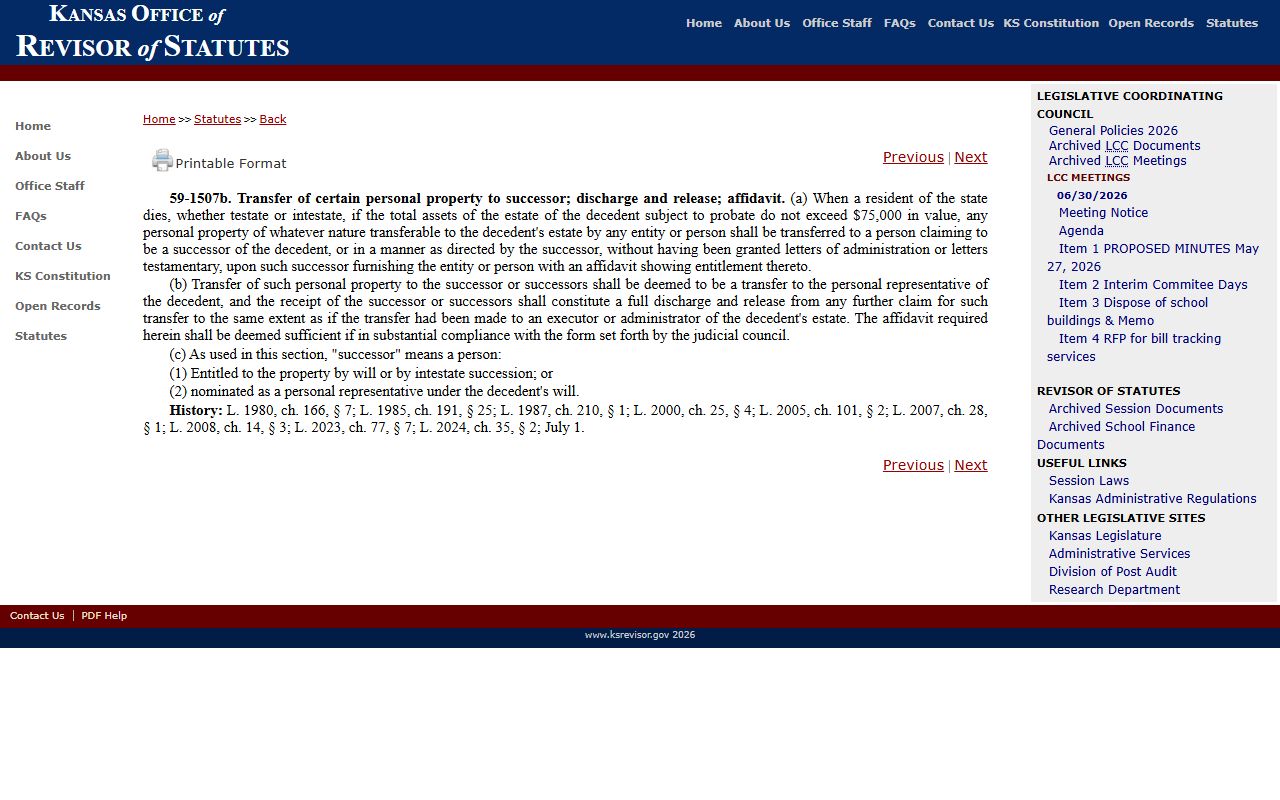 Wichita County probate records Kansas small estate affidavit statute